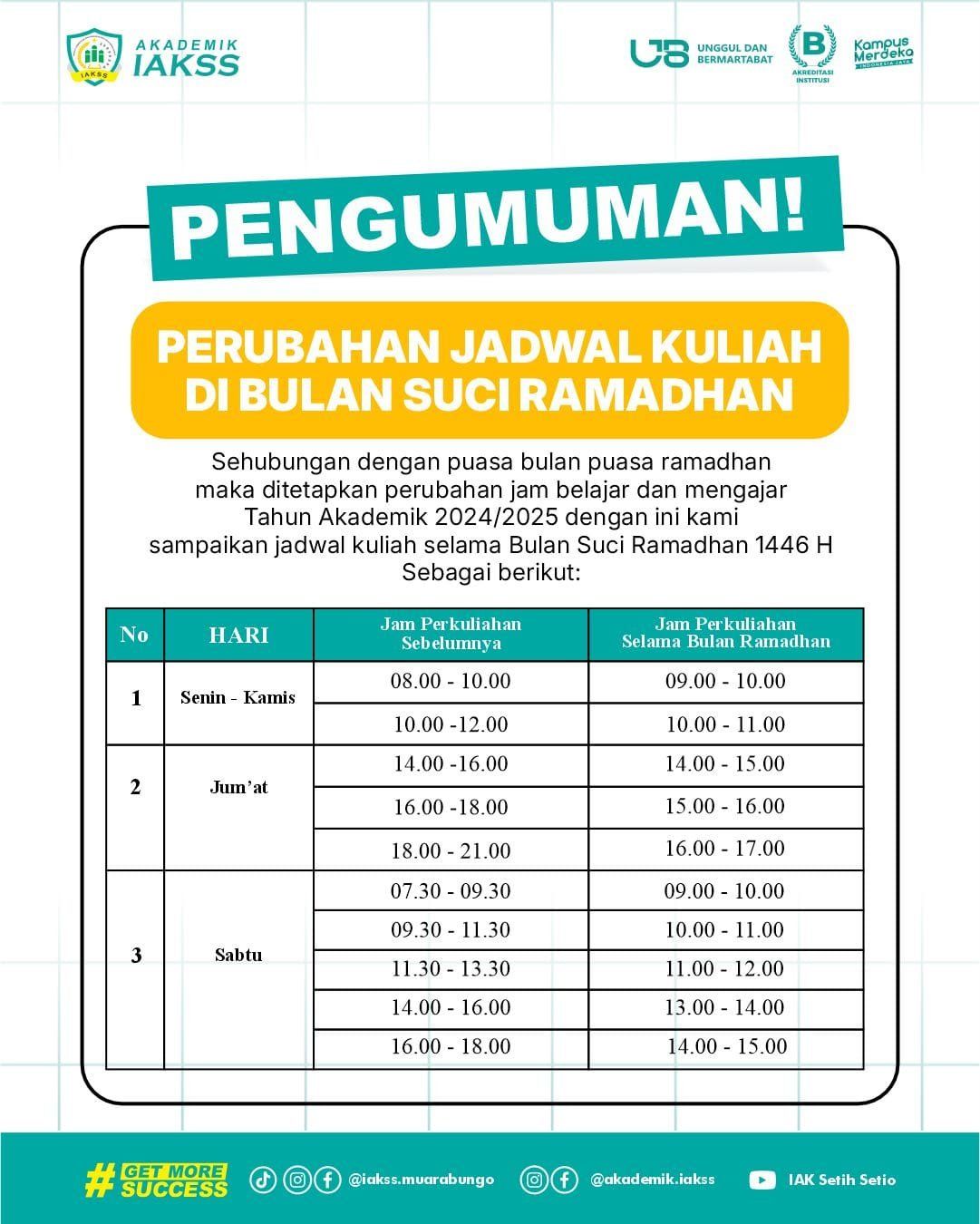 penyesuaian Jadwal Kuliah Semester Genap Ramadhan 1446 H untuk Mahasiswa dan Dosen