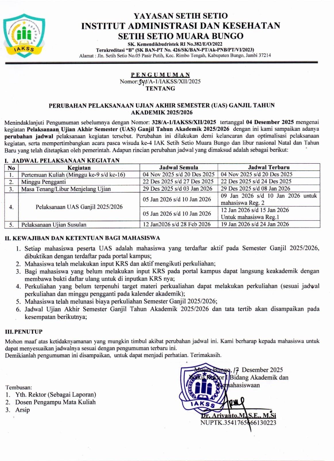 Perubahan Pelaksanaan Ujian Akhir Semester (UAS) Ganjil Tahun Akdemik 2025/2026